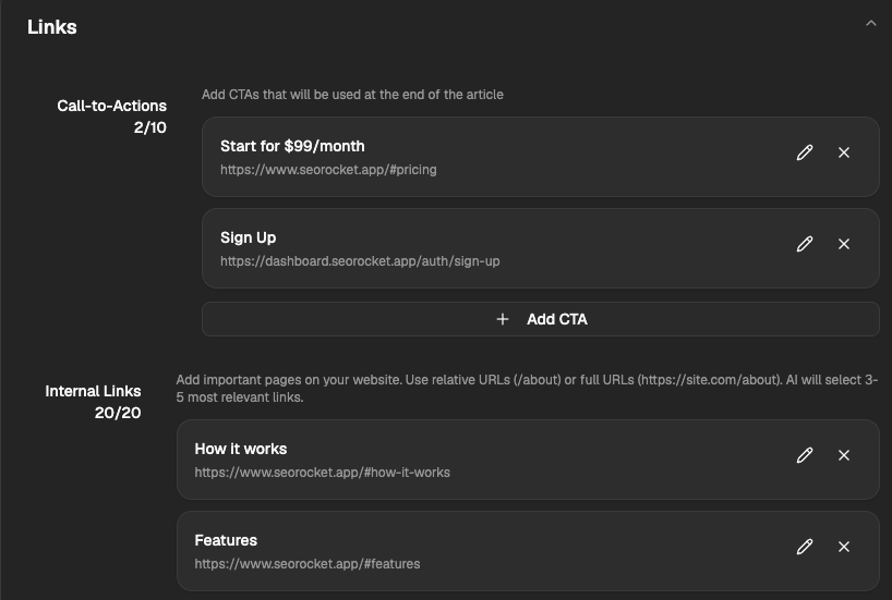 Preview of automated internal linking in SEO Rocket